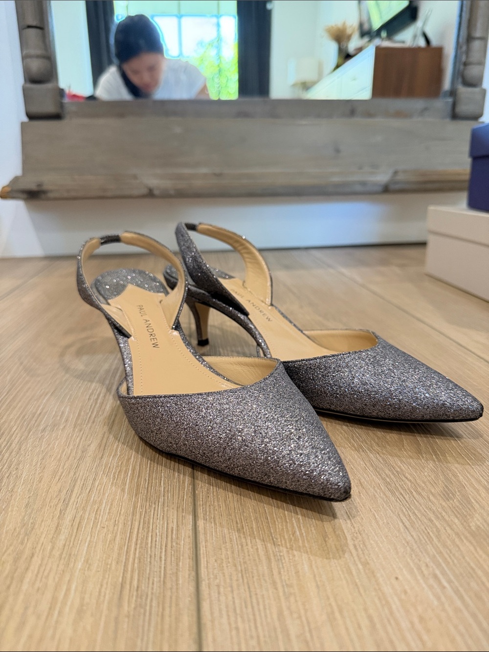 Paul Andrew Silver Glitter Pointed Slingback Pumps